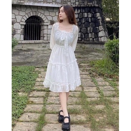 Váy nữ trễ vai cổ nơ tay voan trắng công chúa bánh bèo xinh xắn VA01
