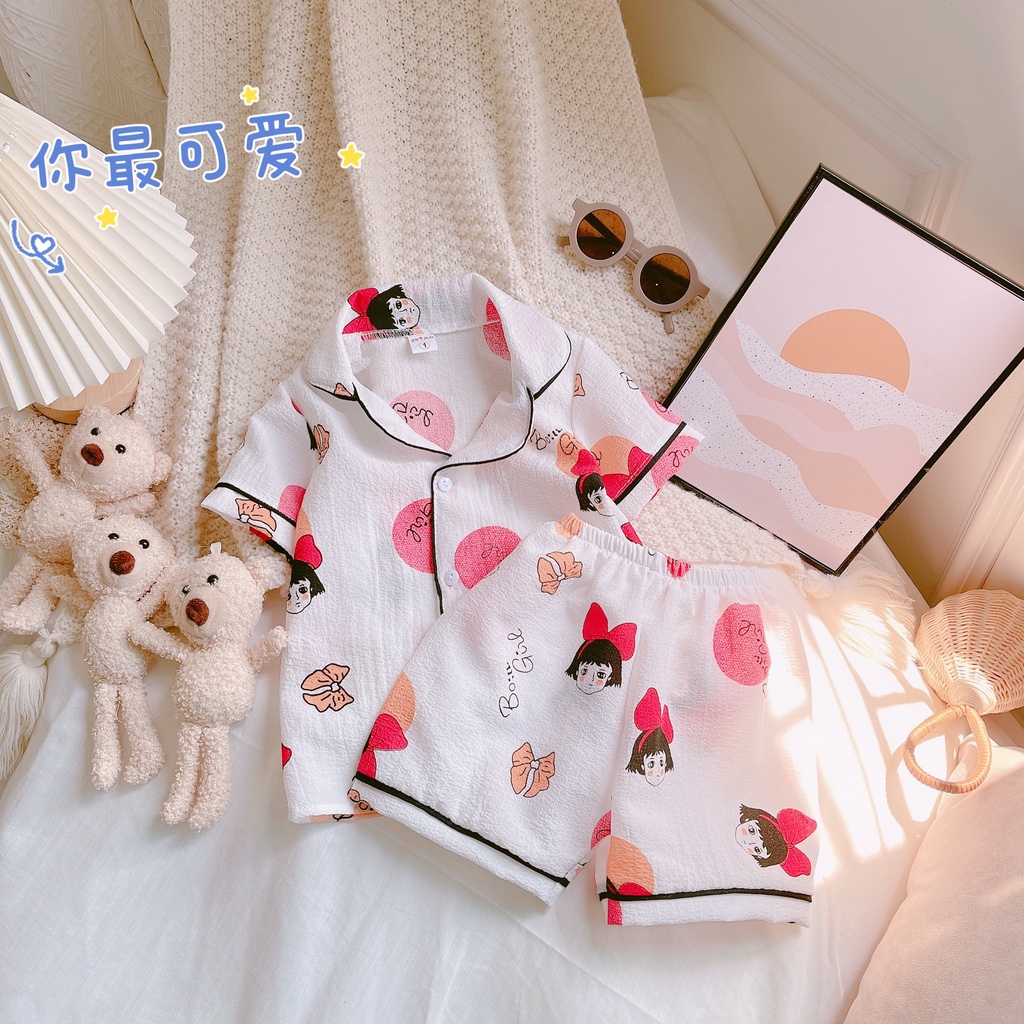 Bộ quần áo bé gái- Bộ Pijama bé gái chất đũi xốp hàn mát lịm 4 màu kute 8-20kg