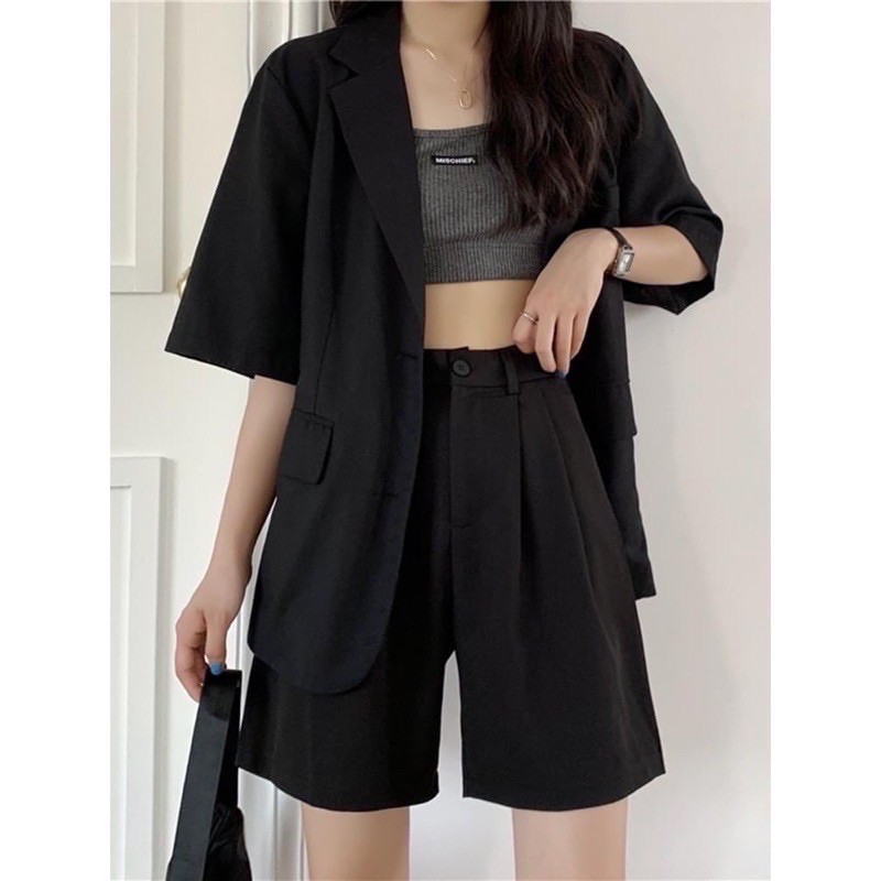 Áo Blazer Ngắn Tay Thời Trang Hàn Quốc - Áo Blazer 1 lớp túi nắp Ulzzang