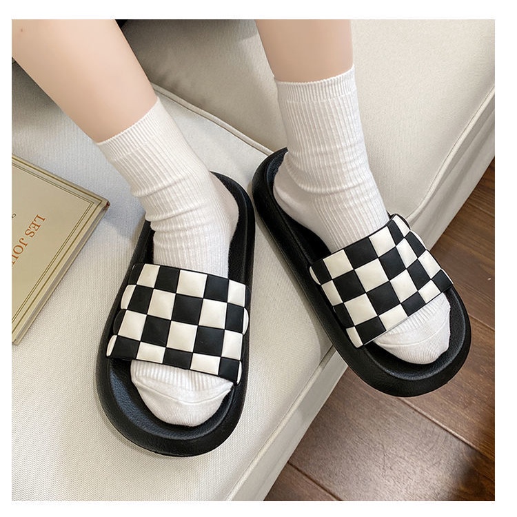 Dép lê nữ quai ngang đế bánh mì ô vuông đan ô siêu nhẹ siêu bền Unisex chống trơn trượt