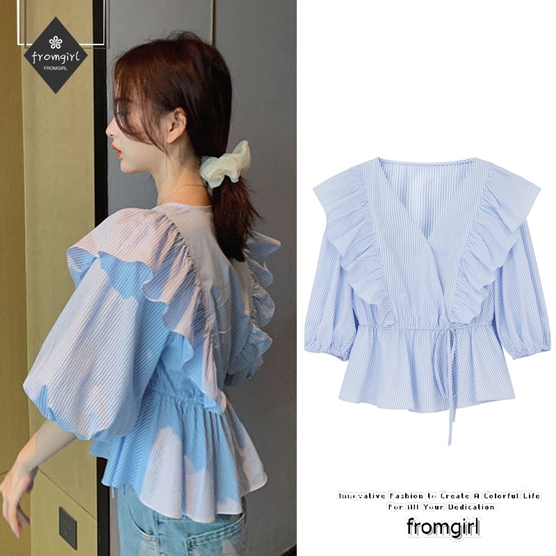 Áo Sơ Mi Tay Ngắn Cổ Chữ V Họa Tiết Kẻ Sọc Màu Xanh Dương Thời Trang Mùa Hè Hàn Quốc Mới 2021 Cho Nữ