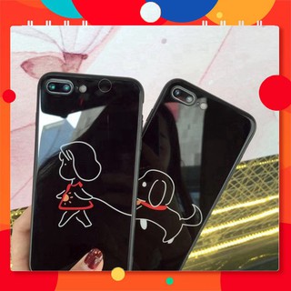 Ốp iphone-Ốp Lưng Kính Cường Lực Cặp Đôi Cún -Cô gái dễ thương-cute
