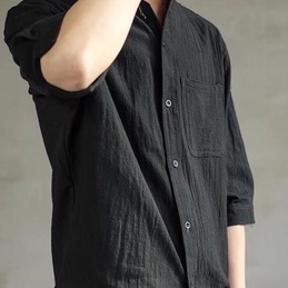 Áo sơ mi KT Kc102 bằng cotton lanh tay ngắn dáng rộng màu trơn phong cách Hàn Quốc cho nam size Size M-3XL