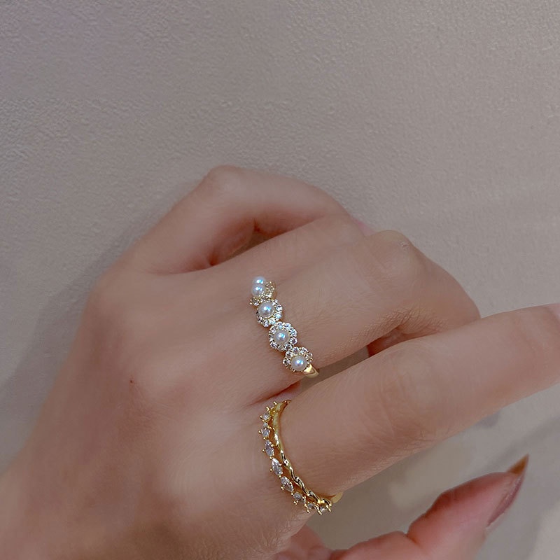 Nhẫn Hai Lớp Đính Ngọc Trai Kim Cương Và Ngọc Trai Đơn Giản Sang Trọng Thời Trang Kiểu Pháp