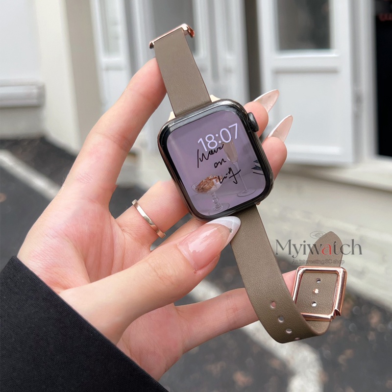 Dây Đồng Hồ Bằng Da Khóa Nam Châm Mỏng Màu Vàng Hồng Dành Cho iwatch Series 7 6 5 4 3 SE 21 41mm 45mm 44mm 40mm 42mm 38mm
