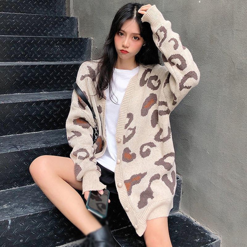 Áo Khoác Cardigan Dệt Kim Tay Dài Cổ Chữ V Hoạ Tiết Da Báo Phong Cách Hàn Quốc