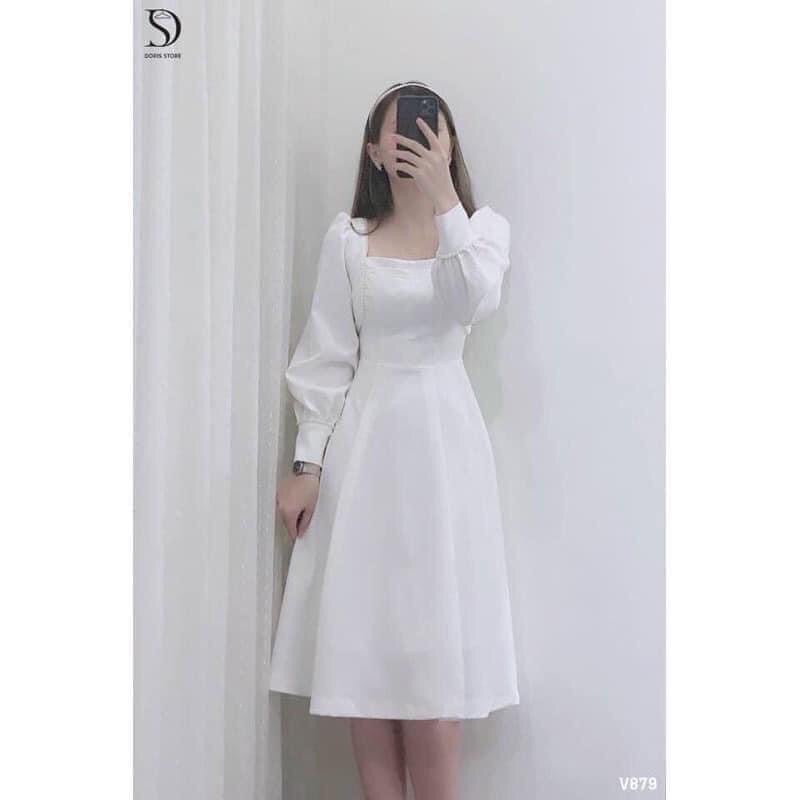 Đầm váy trắng tiểu thư dài tay ren hạt cổ vuông Ulzzang