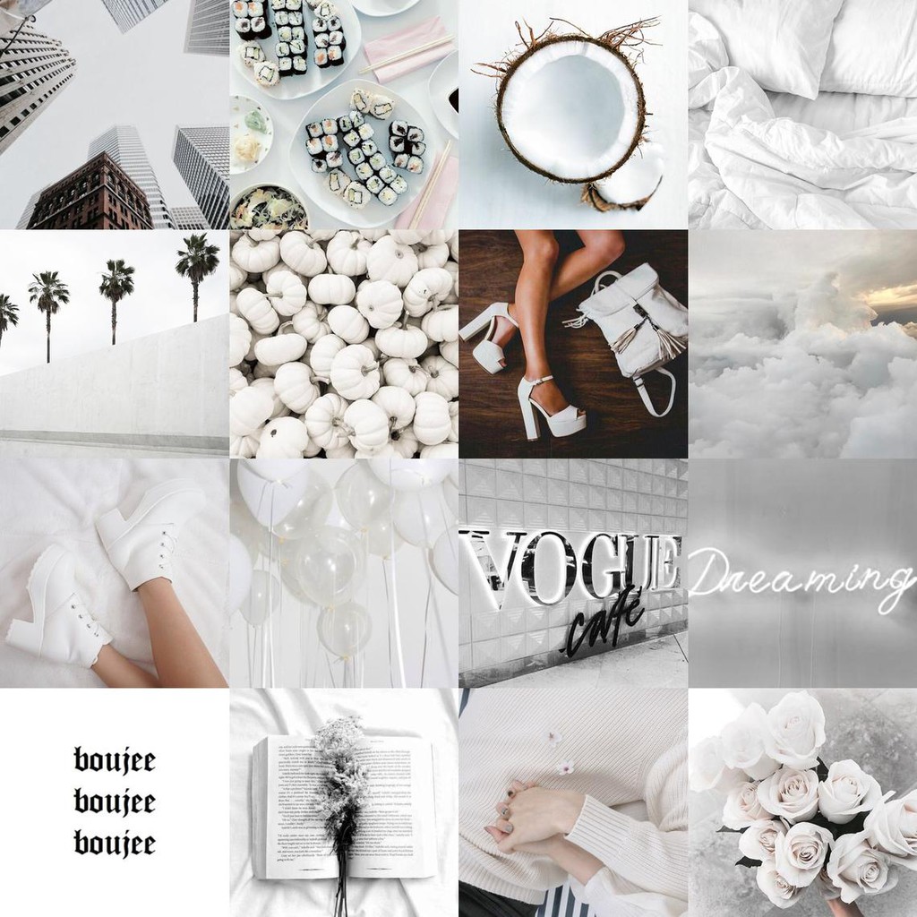 12 tấm Wall Collage giấy bóng keo sãng bóc dán tường trang trí phòng ngủ - theme Trắng ngà xám