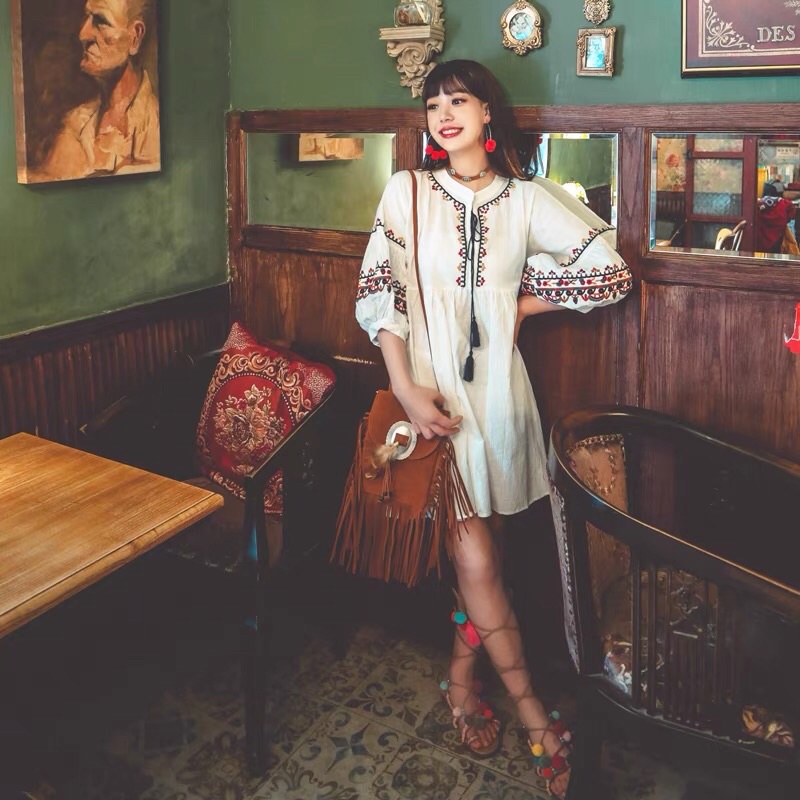 Váy ngắn Boho nữ hoạ tiết thêu hàng Quảng Châu order