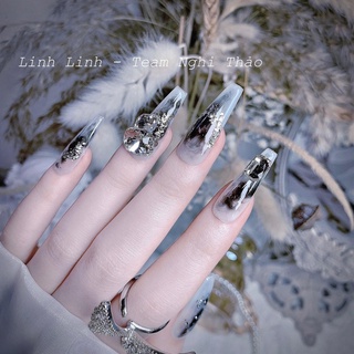 Móng giả Doly hot A519, họa tiết trắng ẩn đen cực sang tay gắn charm đá quyến rũ, tặng kèm full pack