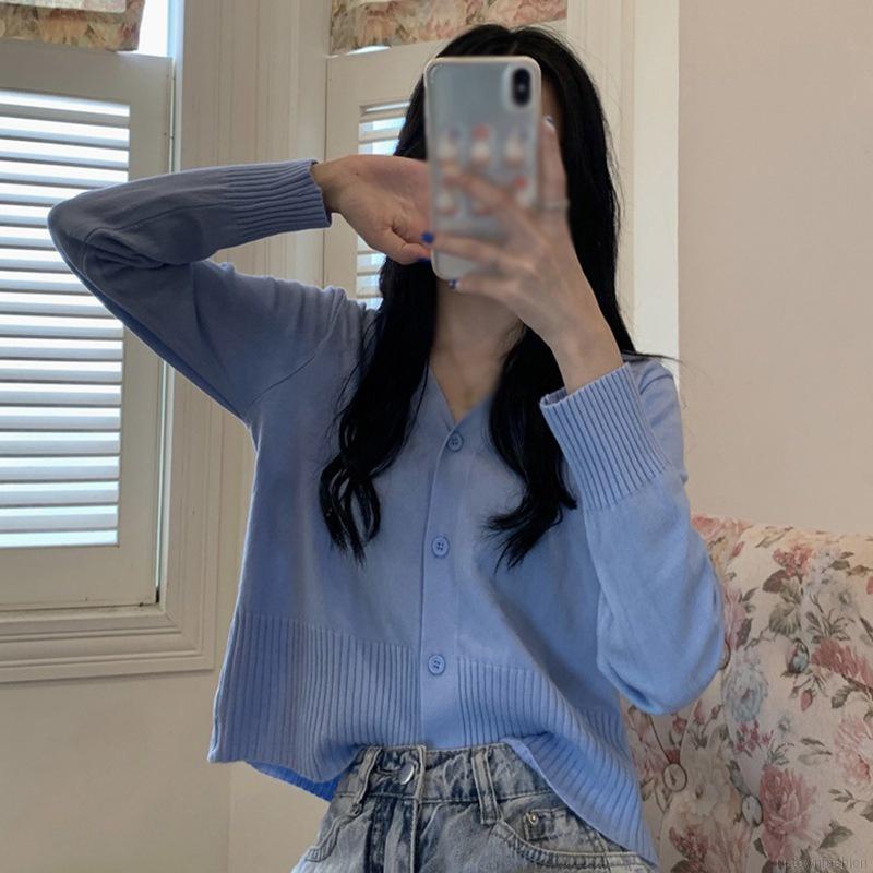 Áo Cardigan Dệt Kim Mỏng Dáng Ngắn Màu Trơn Phong Cách Hàn Quốc Thời Trang Mùa Thu