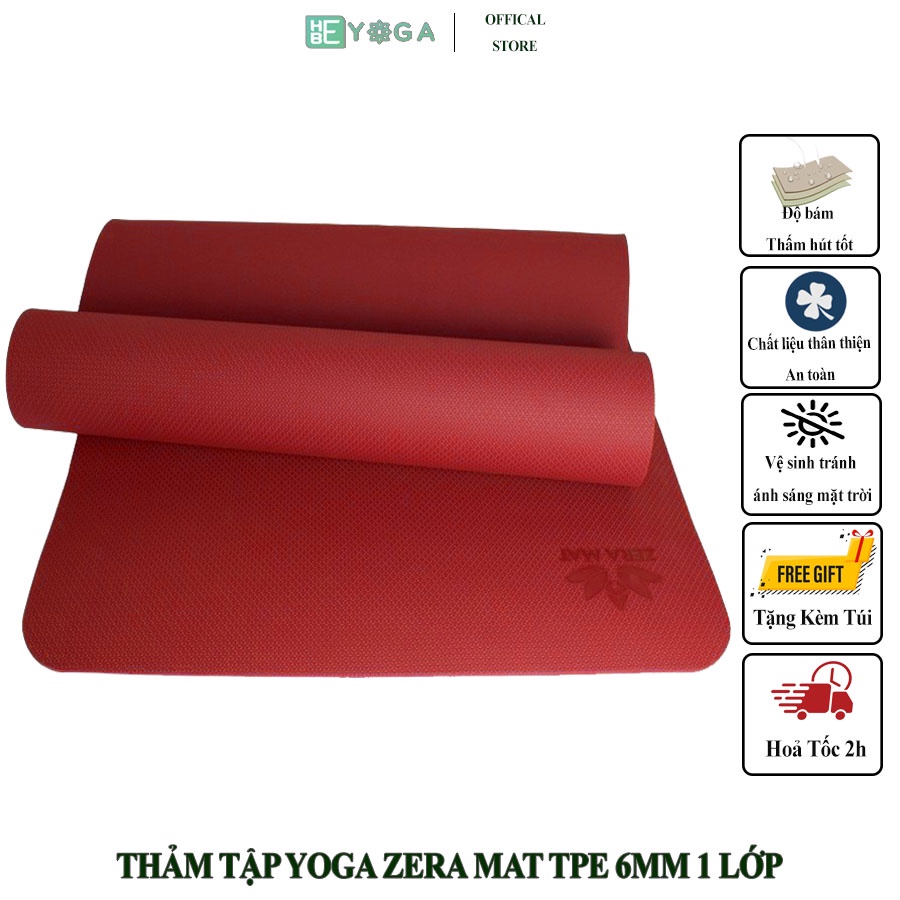 Thảm Tập Yoga TPE Zera Mat 6mm 1 Lớp màu Đỏ (Tặng kèm túi)