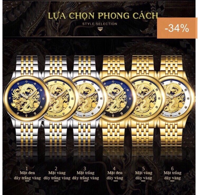 Đồng hồ nam cơ rồng Laogeshi &amp; Tevise hàng chính hãng dây kim loại inox đặc