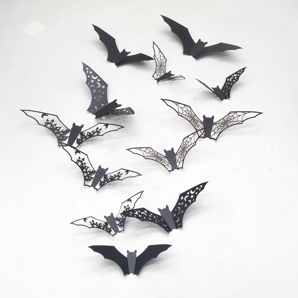 Set 12 Sticker Dán Tường / Cửa Sổ Trang Trí Hình Dơi Đen 3D DIY