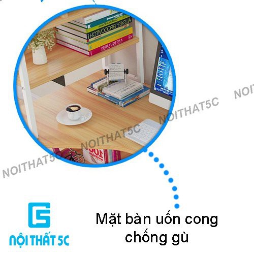 Bàn học tập, bàn làm việc thiết kế mặt bàn uốn cong liền giá sách 4 tầng sắt sơn tĩnh điện hiện đại, lắp ráp dễ dàng.