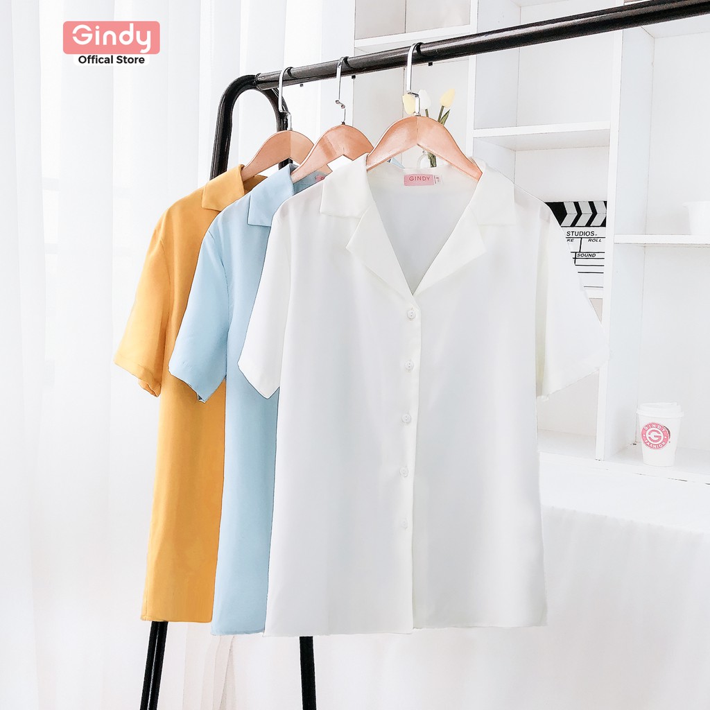 Áo sơ mi nữ trơn GINDY form rộng tay ngắn cổ bẻ vải lụa nhật dáng suông nhiều màu sơmi kiểu Hàn Quốc A5145 | BigBuy360 - bigbuy360.vn