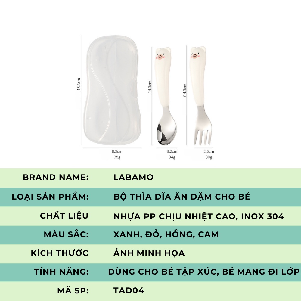 Bộ thìa kèm dĩa cho bé tập ăn mang đi lớp kèm hộp đựng tiện lợi chất liệu inox 304 hình gấu cao cấp LABAMO