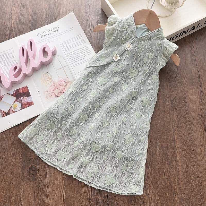 sườn xám ren xanh cho bé
