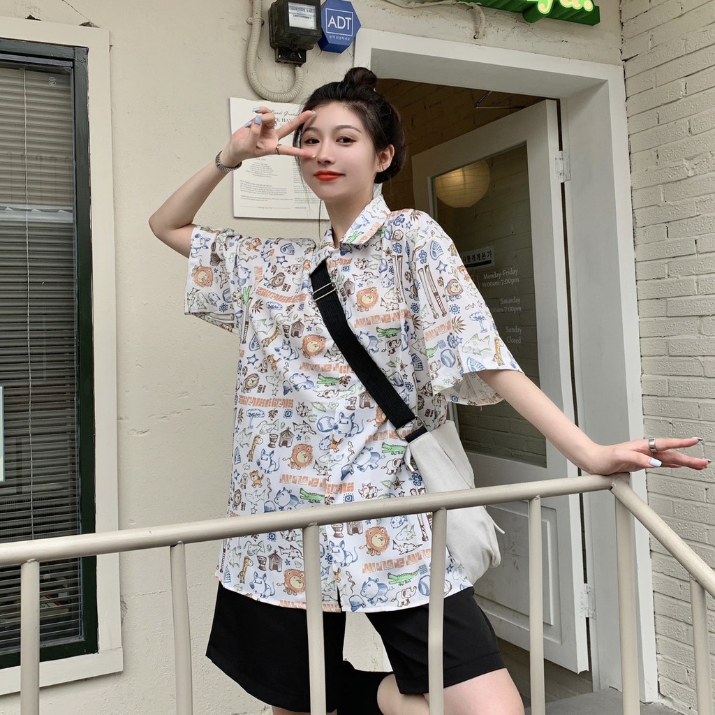 Áo sơ mi tay lỡ form rộng Hình Vẽ Ngộ Nghĩnh kiểu dáng unisex nam nữ chất nhẹ mát basic oversize