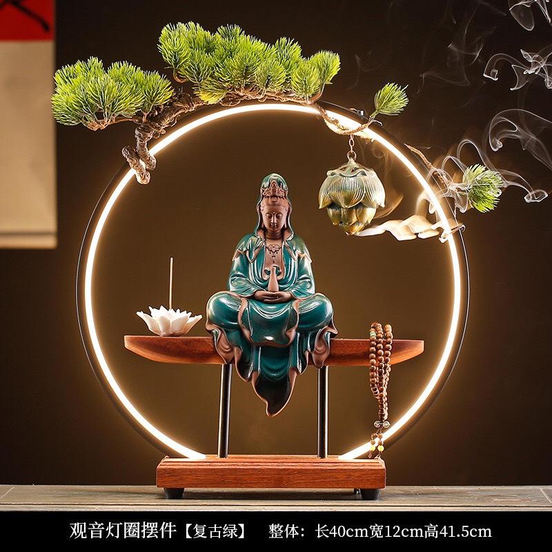 Tượng gốm Quan Âm và kệ đèn led trang trí decor nhà cửa không gian thiền tịnh giúp tâm thư thái an yên