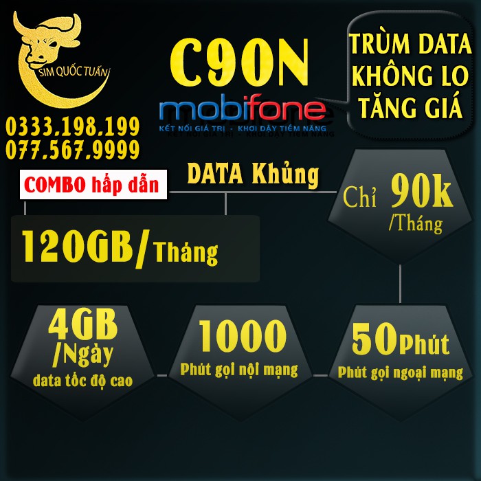 Sim 4G MobiFone C90N cộng 180 GB/tháng + 1000 phút nội mạng + 50 phút liên mạng
