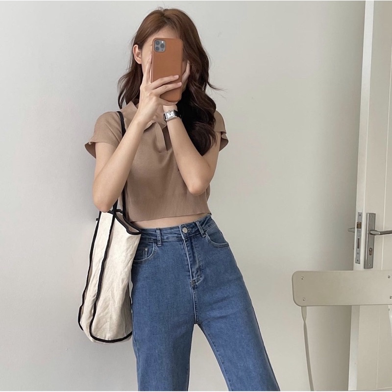 [SALE XẢ] Áo len trơn croptop cộc tay nữ - Áo len nữ cổ bẻ cộc tay hành Quảng Châu