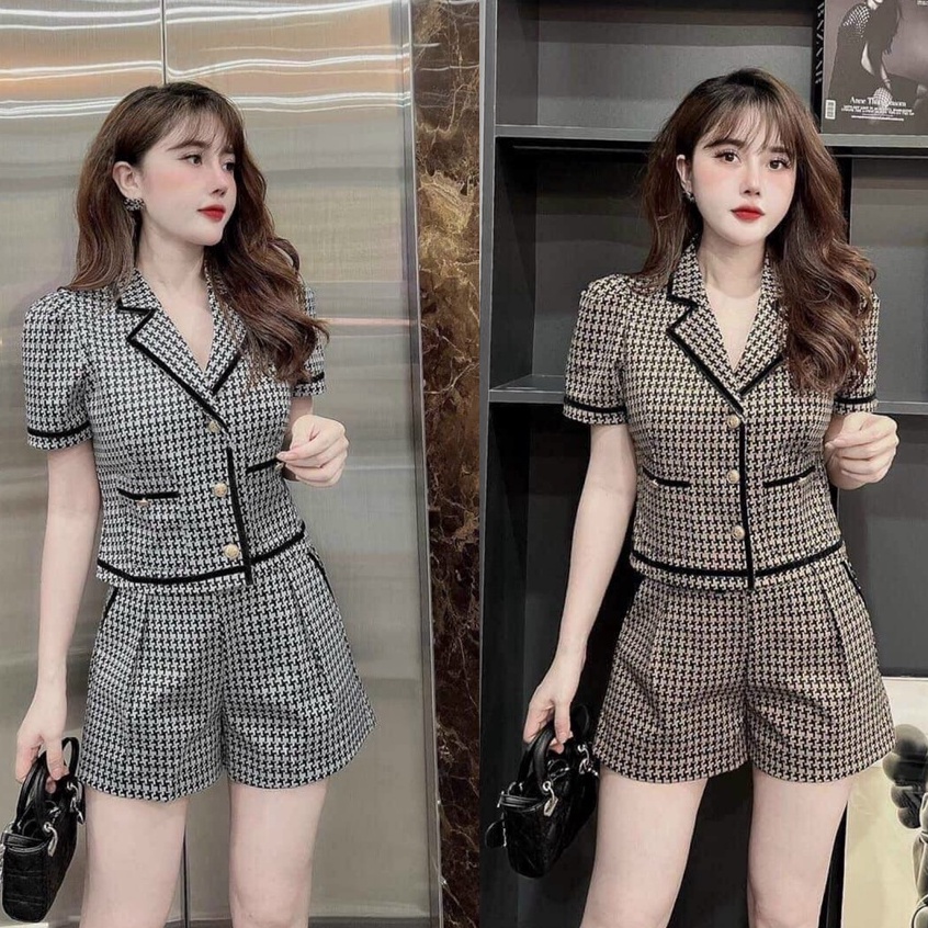 Sét đồ bộ nữ kiểu vets áo tay ngắn cổ v hàng nút phối quần cộc thời trang nữ