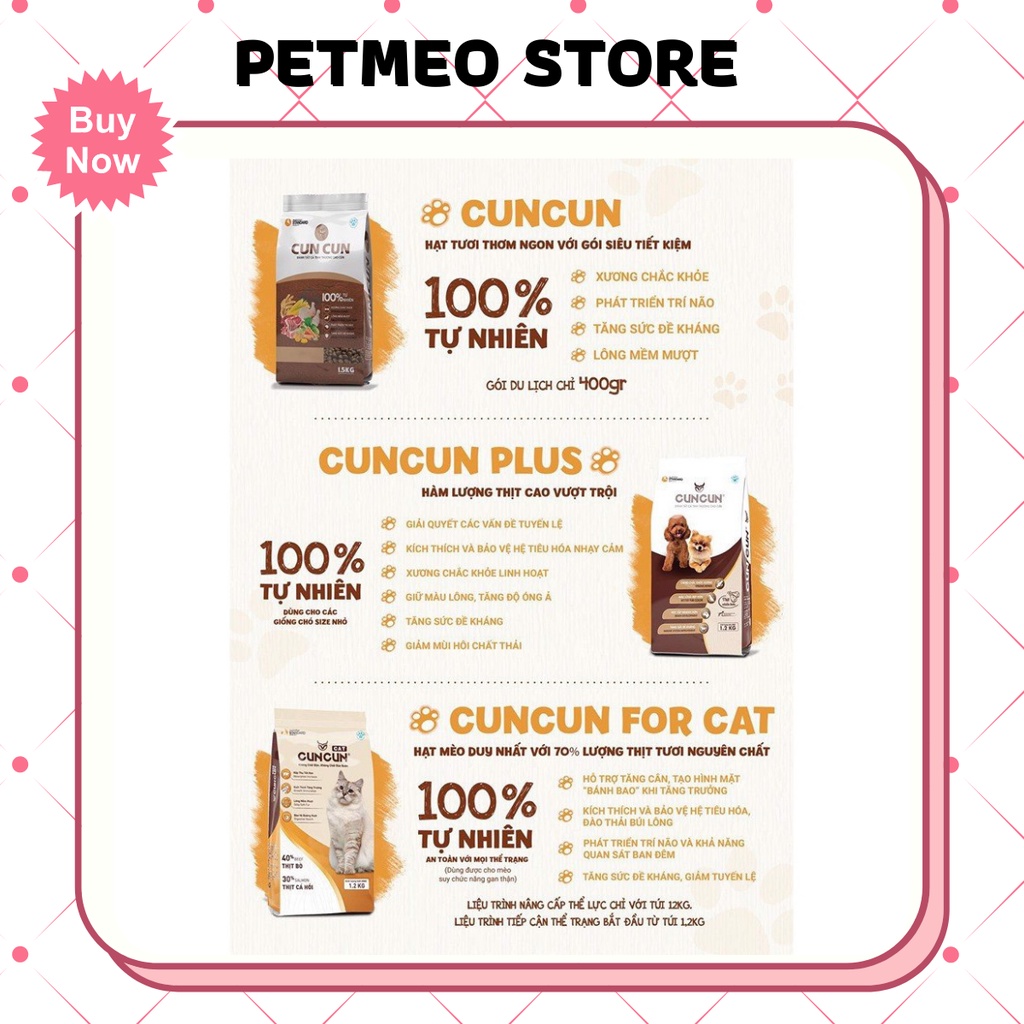 Thức ăn dạng hạt tươi bổ sung dinh dưỡng cho chó nhỏ  CUNCUN túi 1,2kg - PETMEO