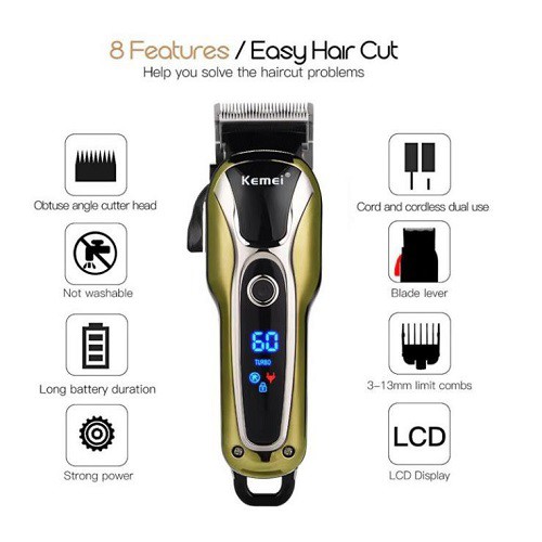 Tông Đơ Cắt Tóc Không Dây Chuyên Nghiệp Kemei KM -1990⚡ 𝑴𝑨̀𝑵𝑮 𝑯𝑰̀𝑵𝑯 𝑳𝑬𝑫⚡  hiển thị mức pin, tốc độ, mạnh yếu....