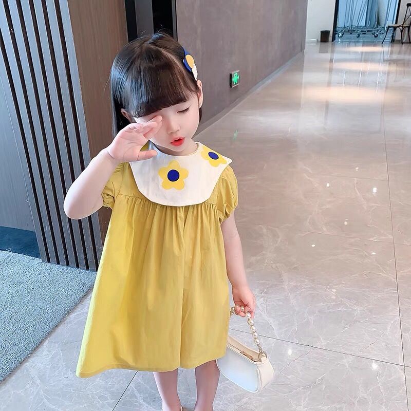 Váy công chúa tay ngắn cổ bẻ in họa tiết hoa thời trang mùa hè phong cách Hàn Quốc cho bé gái 2021