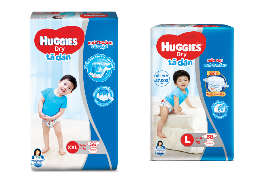 Tã dán Huggies Dry Super Jumbo M76/L68/XL62/XXL56