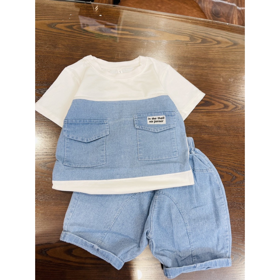 Bộ jean áo né phối jean phần trên  kèm quần jean mềm cho bé