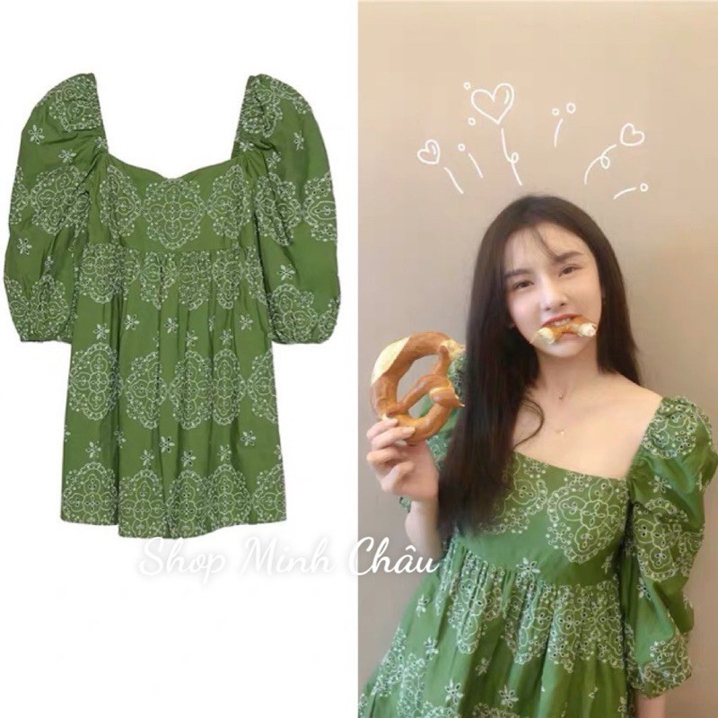 (Sẵn) Váy babydoll cổ vuông thêu đục lỗ Zảa, hình thật
