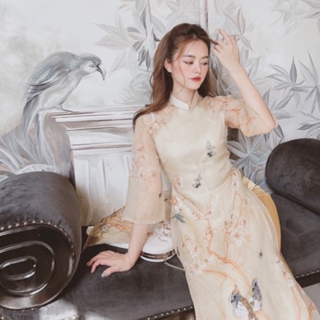 Áo dài lụa Giai Thuỵ chất organza thiết kế hoạ tiết hoa bay cao cấp