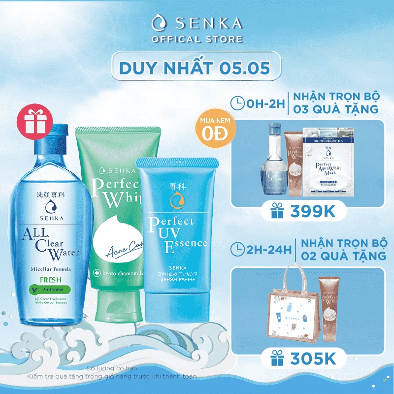 Bộ sản phẩm Senka làm sạch và chống nắng dành cho da mụn (Water Fresh 230ml + Acne Care 100g + UV Essence 50g)