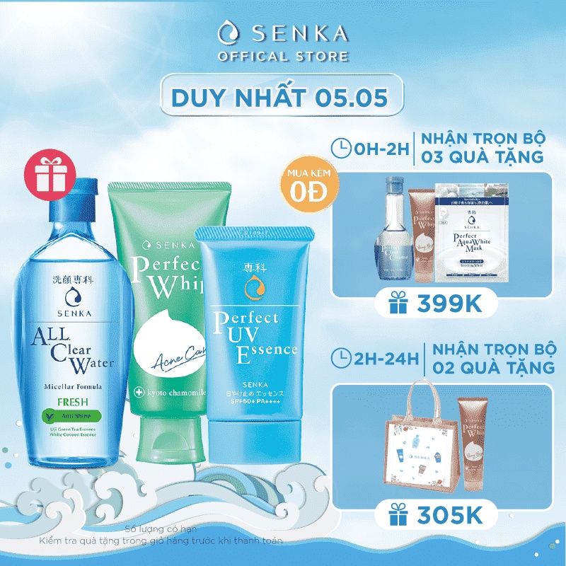 Bộ sản phẩm Senka làm sạch và chống nắng dành cho da mụn (Water Fresh 230ml + Acne Care 100g + UV Essence 50g)