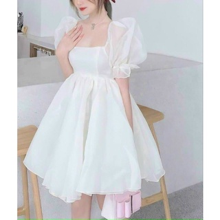 Đầm babydoll xòe cổ vuông tay phồng voan tơ bồng bềnh trắng công chúa