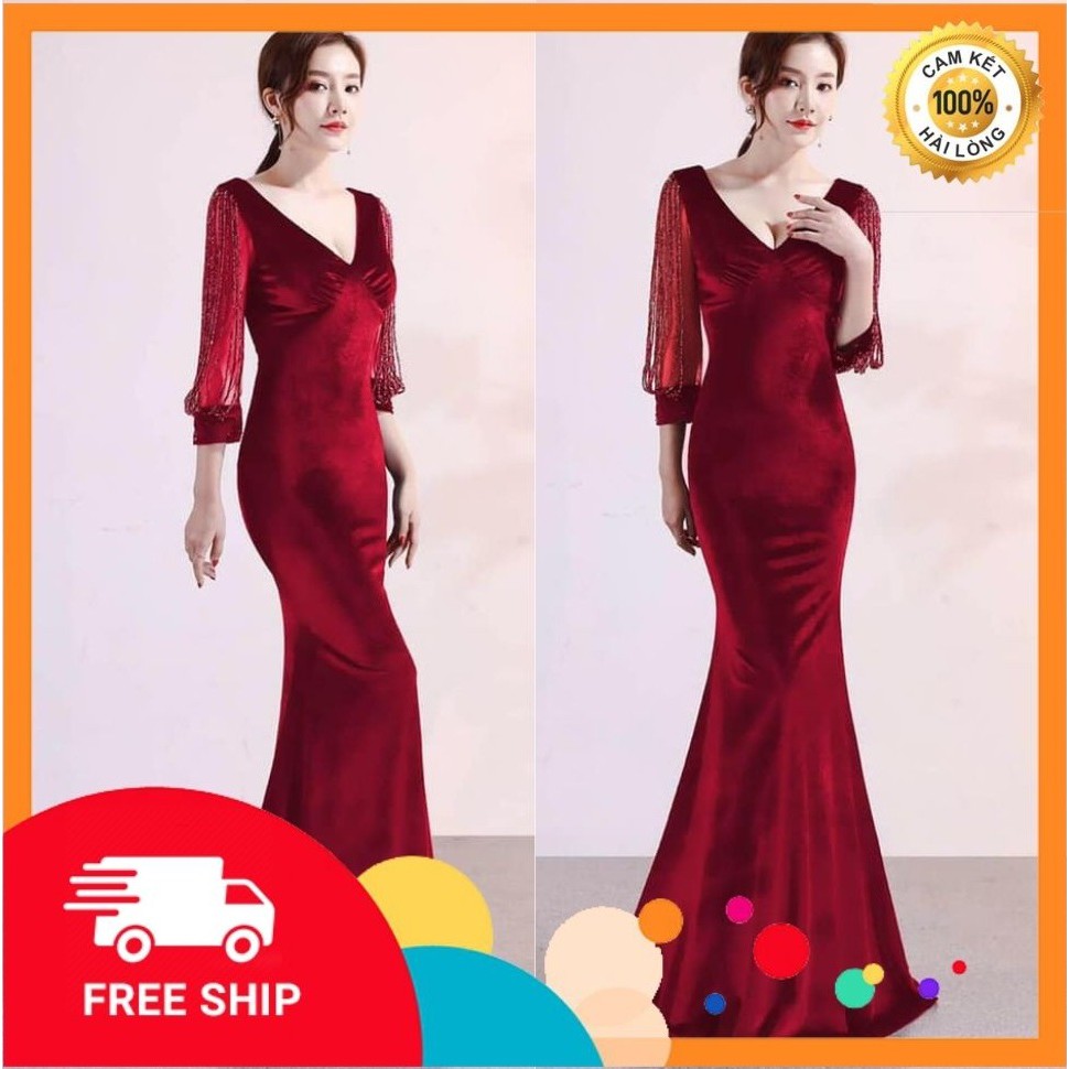 Đầm dự tiệc dạ hội - Đầm ôm cổ V tay kết đá siêu đẹp