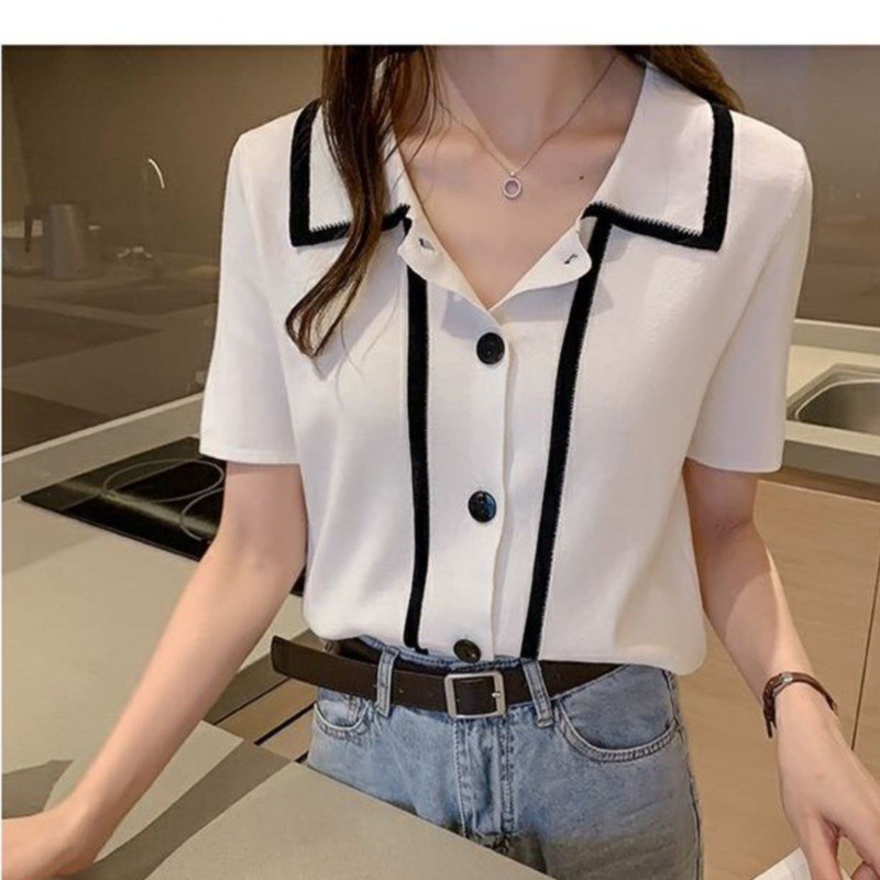 áo polo Dệt Kim Tay Ngắn Dáng Rộng Phong Cách Thời Trang Hàn Quốc