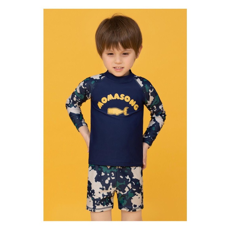 Bộ bơi bé trai dài tay xanh than rằn ri, hình cá voi, quần cộc rời, Momasong Korea