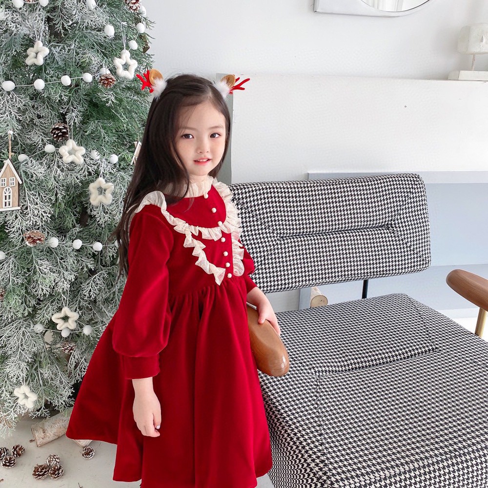 VÁY NHUNG ĐỎ VIỀN CHO BÉ