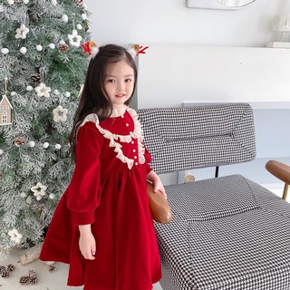 Váy nhung đỏ viền cho bé