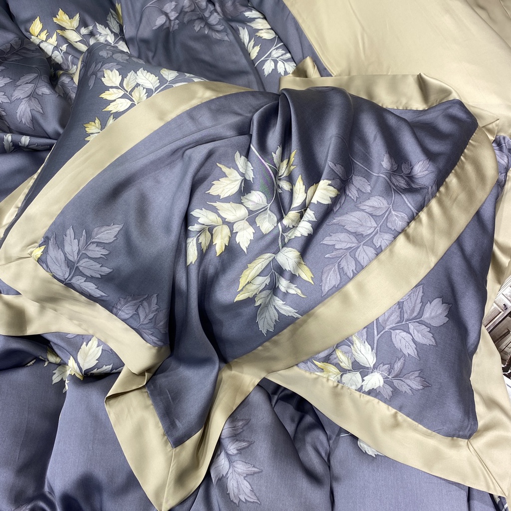 Bộ chăn ga gối cao cấp 100%Tencel 100s, họa tiết Lá dương sỉ Pháp, màu sắc sang trọng, chất liệu siêu mềm mát mịn