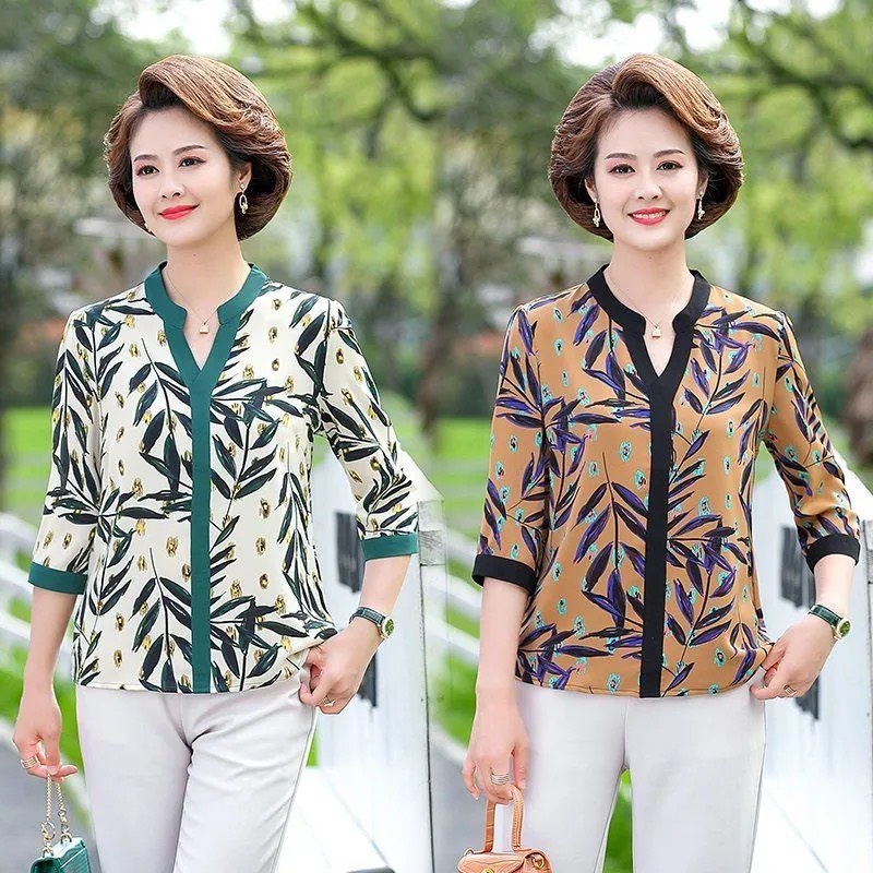 Áo trung niên nữ, áo trung niên hoạ tiết cổ trụ, chất liệu thun lạnh co giãn thoáng mát