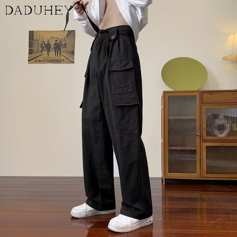 DaDuHey Autumn American Retro Multi-Pocket Elastic Waist Overalls Men's and Women's Oversize Loose Straight Casual Pants