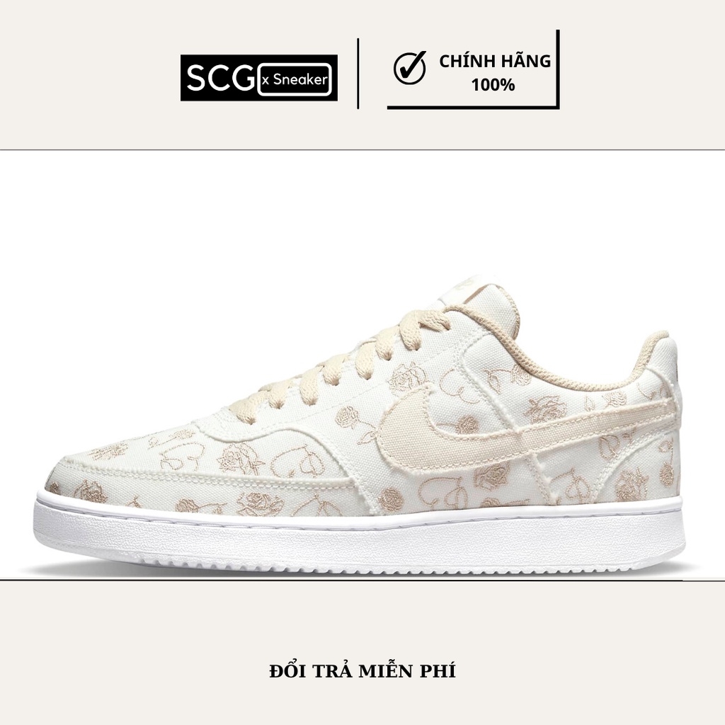 Giày thời trang nữ, sneaker nữ, NIke Court Vision Low- màu trắng nâu, họa tiết, DJ9297-100, Hàng Chính Hãng, SCGxsneaker