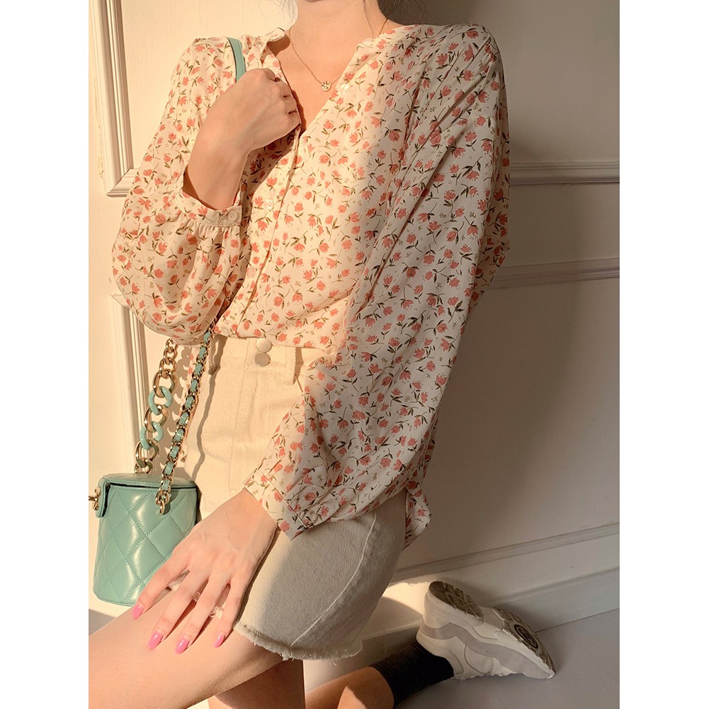 Áo sơ mi tay dài họa tiết hoa xinh xắn phong cách Pháp nữ tính | BigBuy360 - bigbuy360.vn