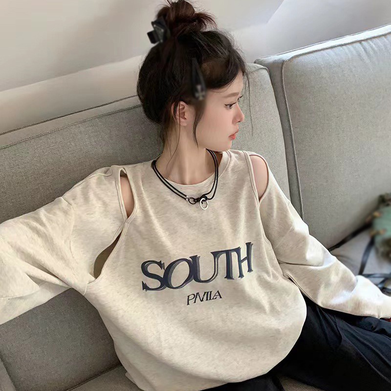 Áo Hoodies Tay Dài Hoạ Tiết Chữ In Thiết Kế Trễ Vai Phong Cách Hàn Quốc