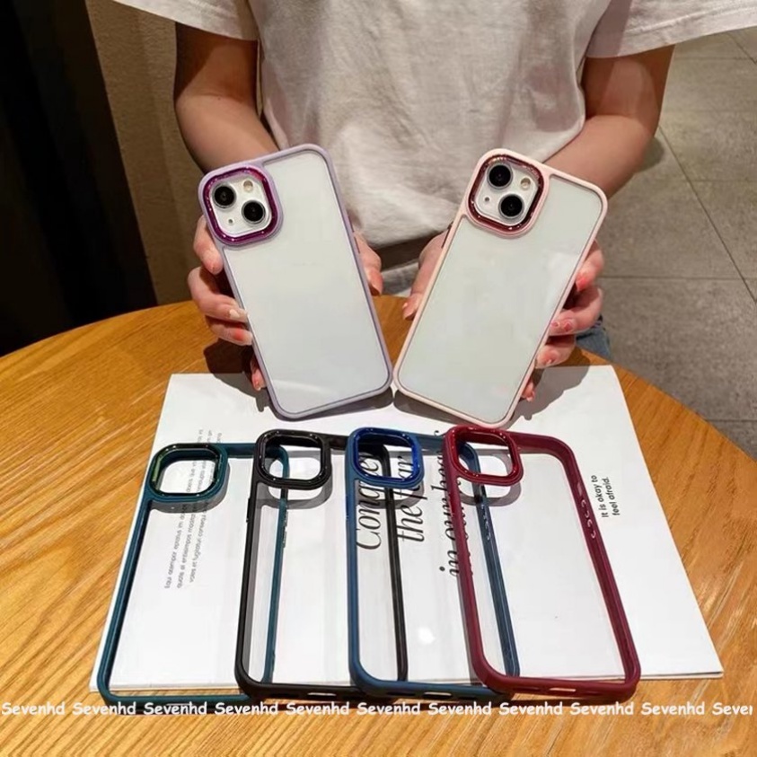 Ốp Điện Thoại Acrylic Chống Sốc Viền Mạ Màu Tím Đậm Cho iPhone 14 13 12 11 Pro Max X XR Xs Max 8 7 6 6s Plus SE 2020