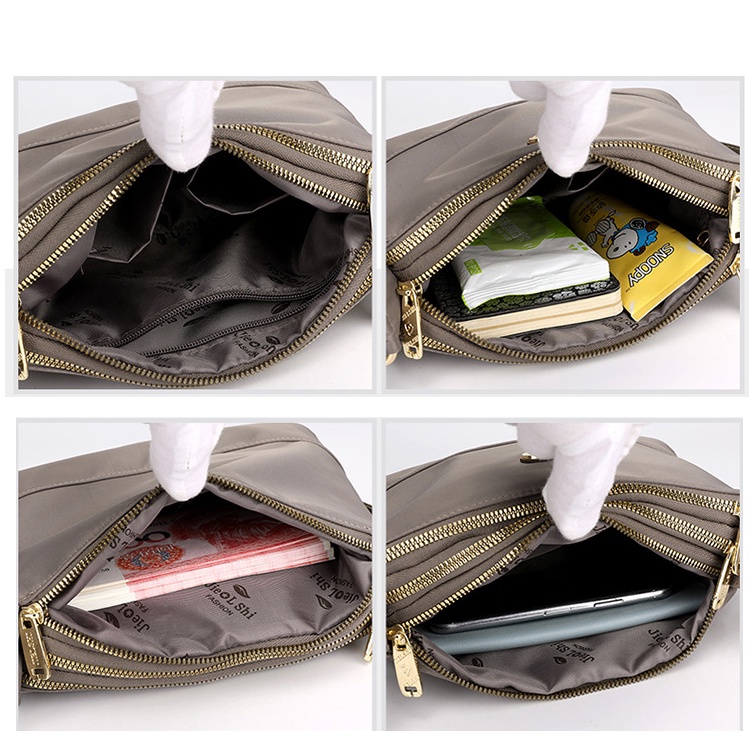 Túi Đeo Chéo Vai Bằng Nylon Màu Trơn 3 Lớp Sức Chứa Lớn Chống Nước Cho Nữ